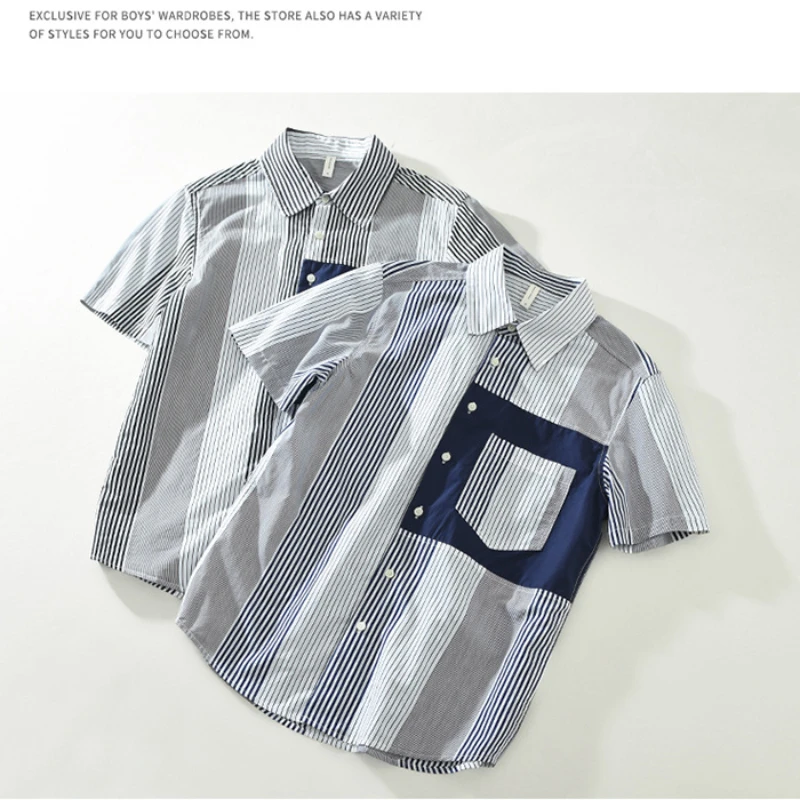 2024 Spring Summer New Patchwork Casual Striped Short Sleeve Shirts Men Clothing Thin Comfortable Cotton Streetwear CM8032