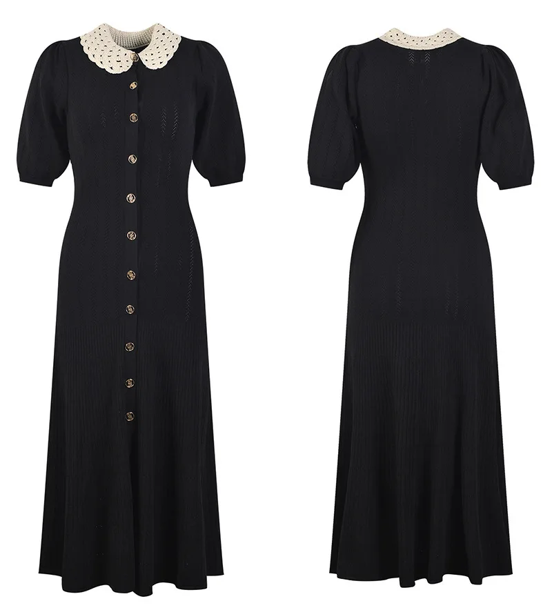 

Single Row Gold Buckle Knitted Long Skirt Hooked Hollow Lace Collar Puff Sleeve Party Dress for Women 2025 Summer New Style