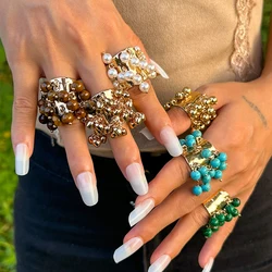 KunJoe Bohemian Colorful Natural Stone Beads Open Ring Women Vintage Imitation Pearl Chunky Wide Finger Rings Y2K Accessories