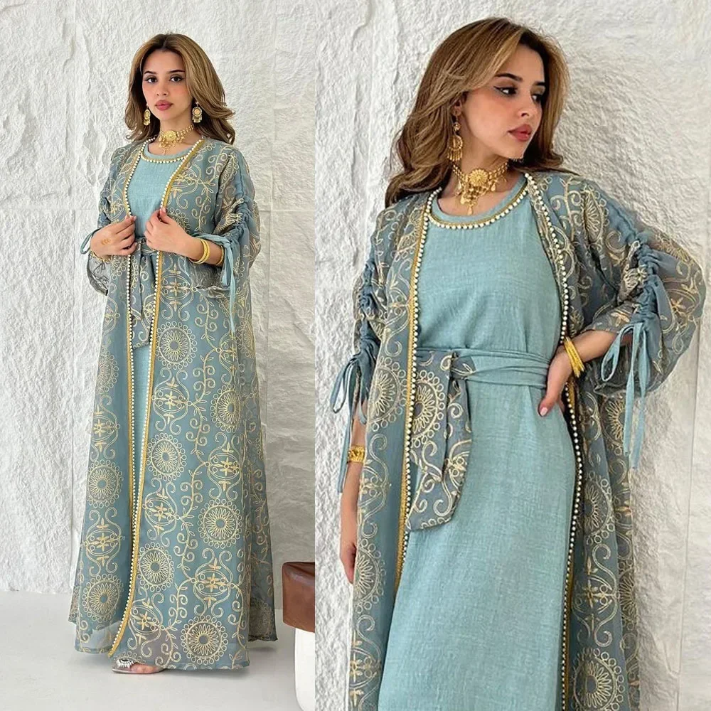 

2pcs Set Flower Embroidery Abaya Muslim Women Pearls Open Outer Dress with Belt Sleeveless Underskirt Cardigan Caftan Robe Eid