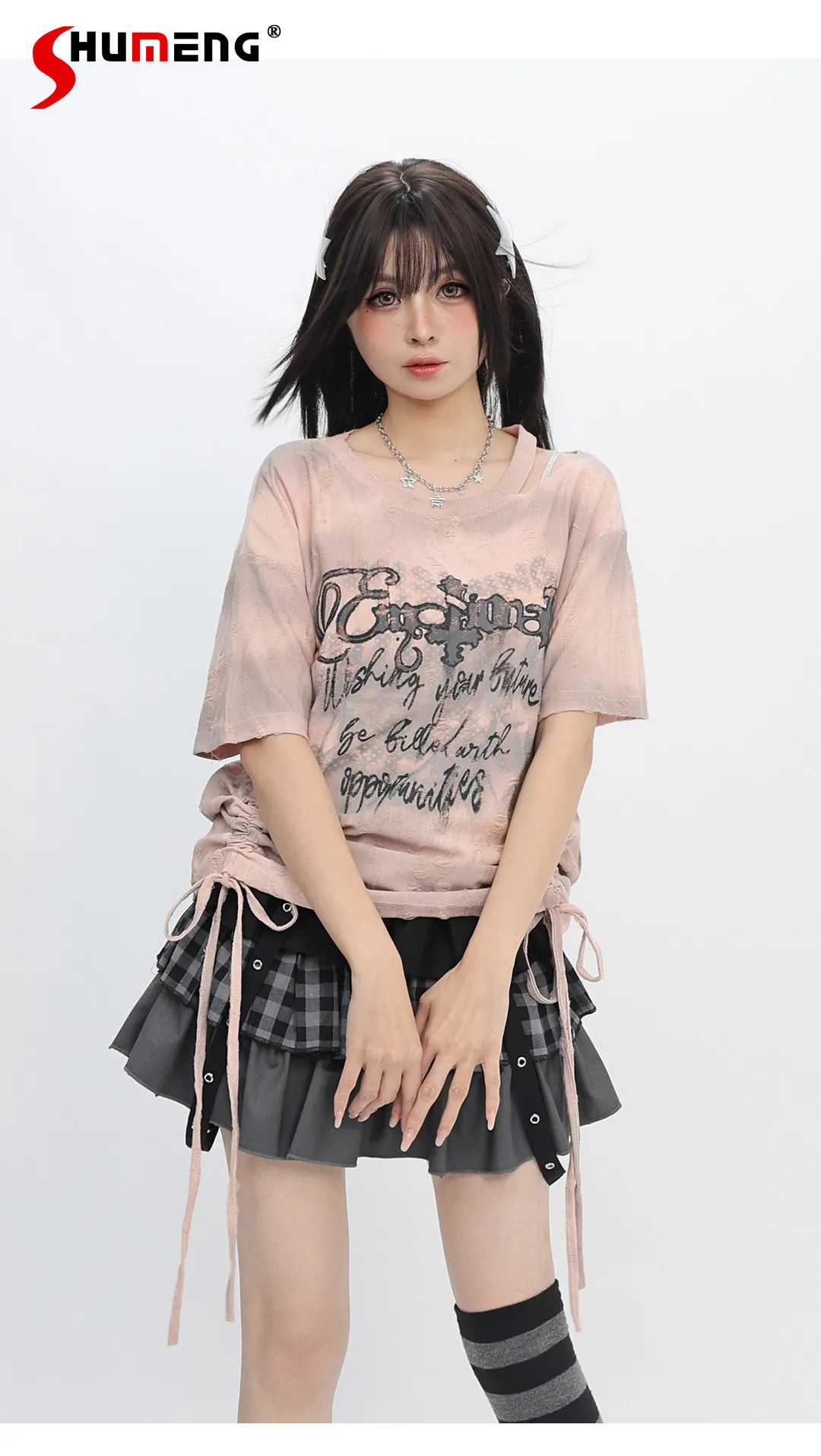 

2026 Summer Original Subculture Retro Hot Girl Y2K Top Crew Neck Off-shoulder Short Sleeves Versatile Loose T-shirts for Women