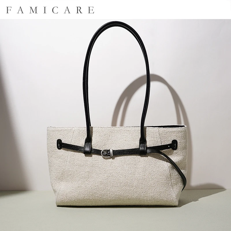 2026 Street Style Korean Niche Tote Bag Linen Spliced Top Grain Cowhide Handbag Large Capacity Briefcase Underarm Shoulder Bag