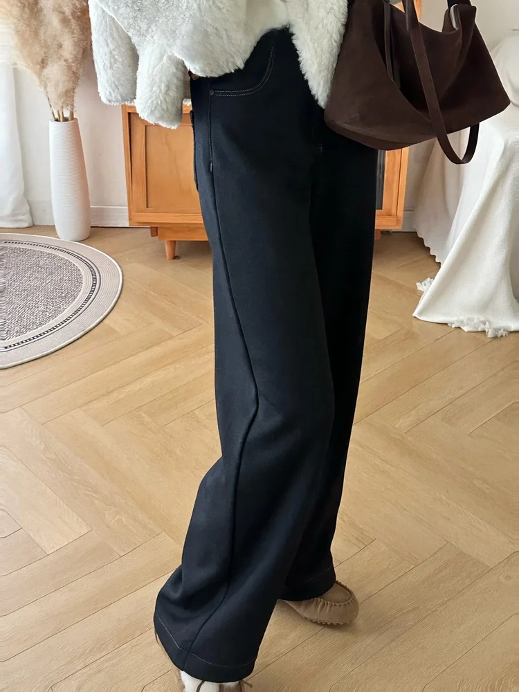 

Прямые джинсы с высокой талией на подкладке, женские джинсы с широкими штанинами для похудения, темно-синие, зимние, новые Sle Ladies Faion