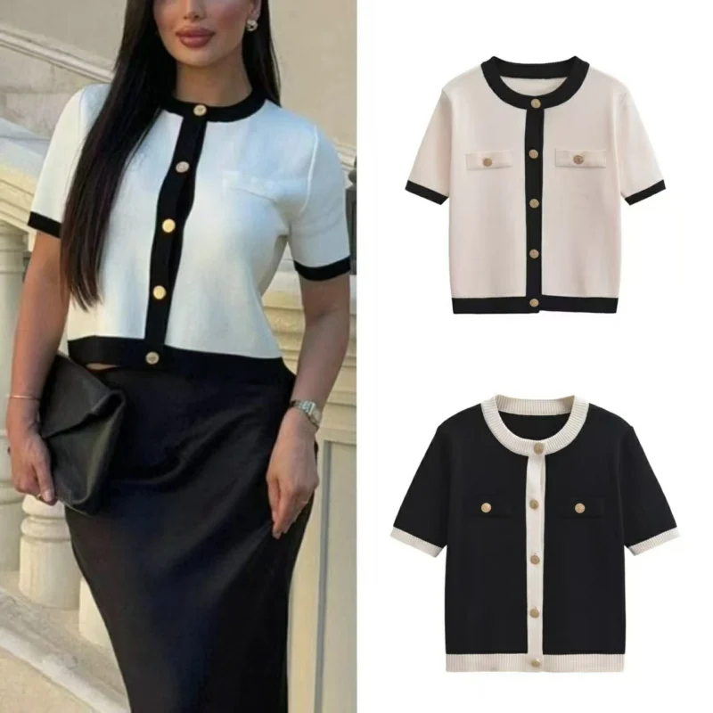 

Elegant Contrast Knitted Cardigan Woman O Neck Short Sleeve Single Breasted Cardigans Ladies Spring Autumn Knitwear Short Top