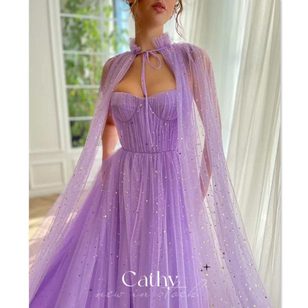 

Cathy Sweet Cape A-line Prom Dress Lavender Evening Dress Glitter Organza فستان سهرة Sweet Tulle Sweep Train Party Dresses