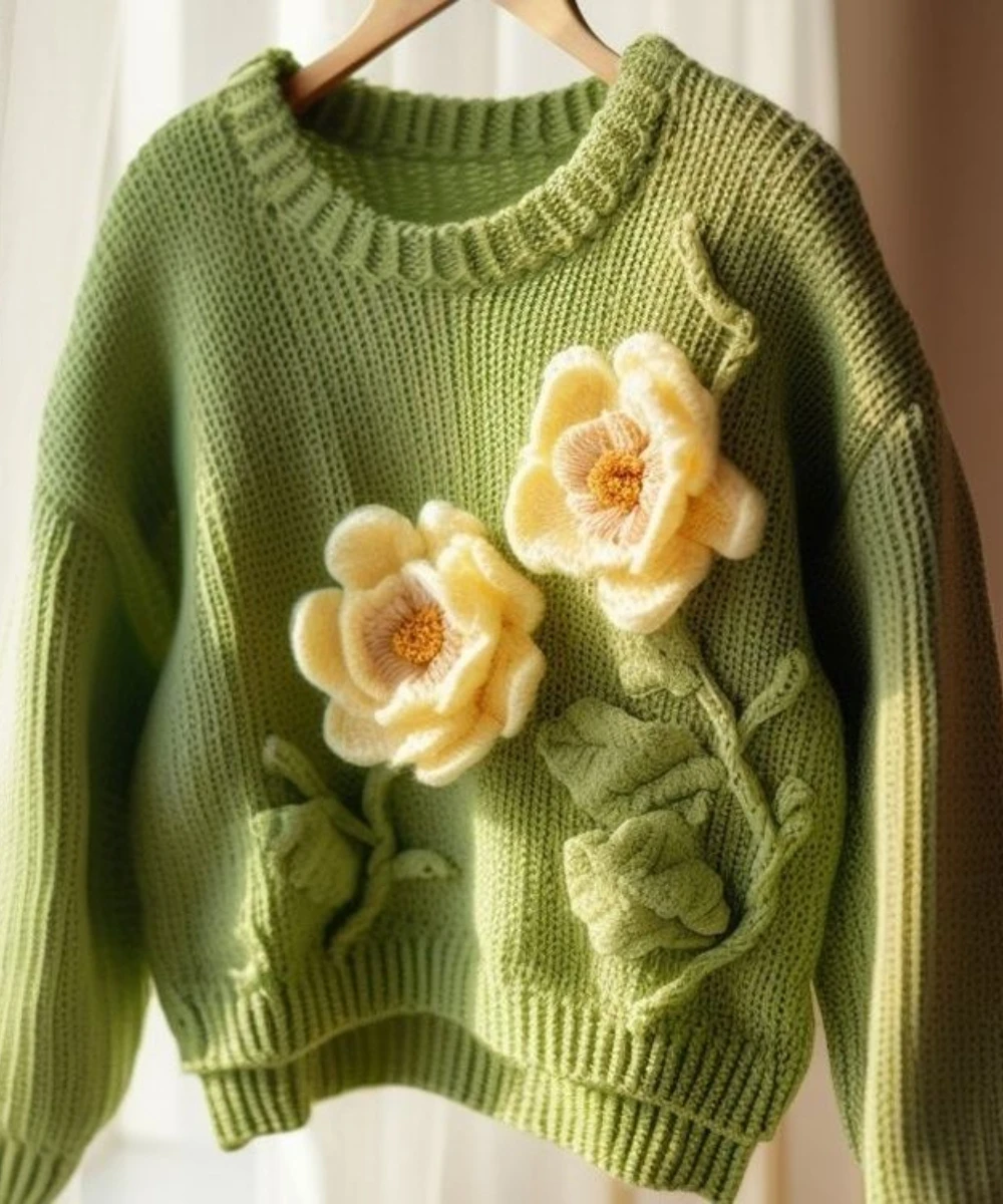 2025 nueva moda hermosa prendas de punto industria pesada suéter de flores verdes chaqueta mujer Otoño Invierno nuevo estilo Jersey Top