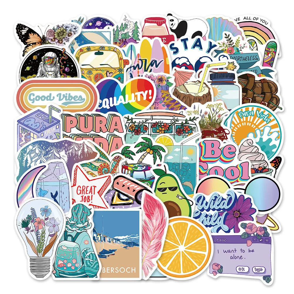 50pcs Colorfu Cartoon Refleshing Sticker Beauty View for Envelope Skateboard Guitar Card Scrapbooking Notebook Laptop Wateproof