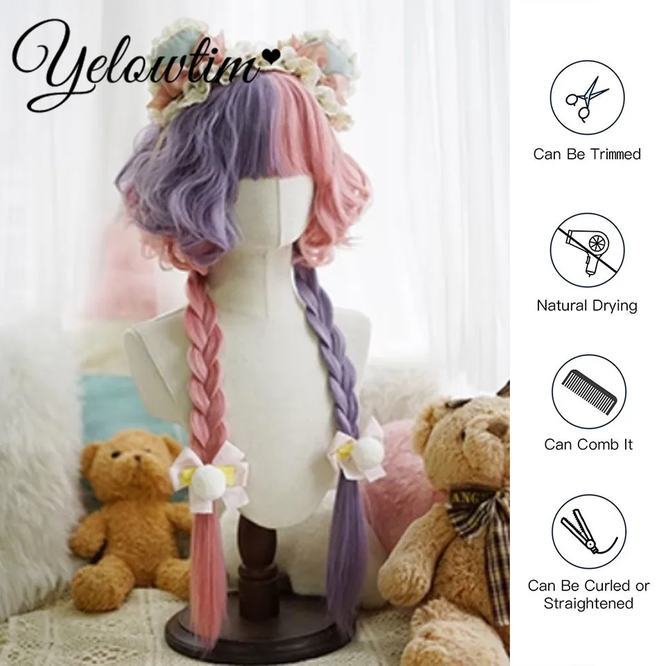 Peruka syntetyczna Jellyfish Roll Color Blocked Edition Pink Purple Long Roll Hair Fashion Internet Celebrity Natural Air Bang Daily