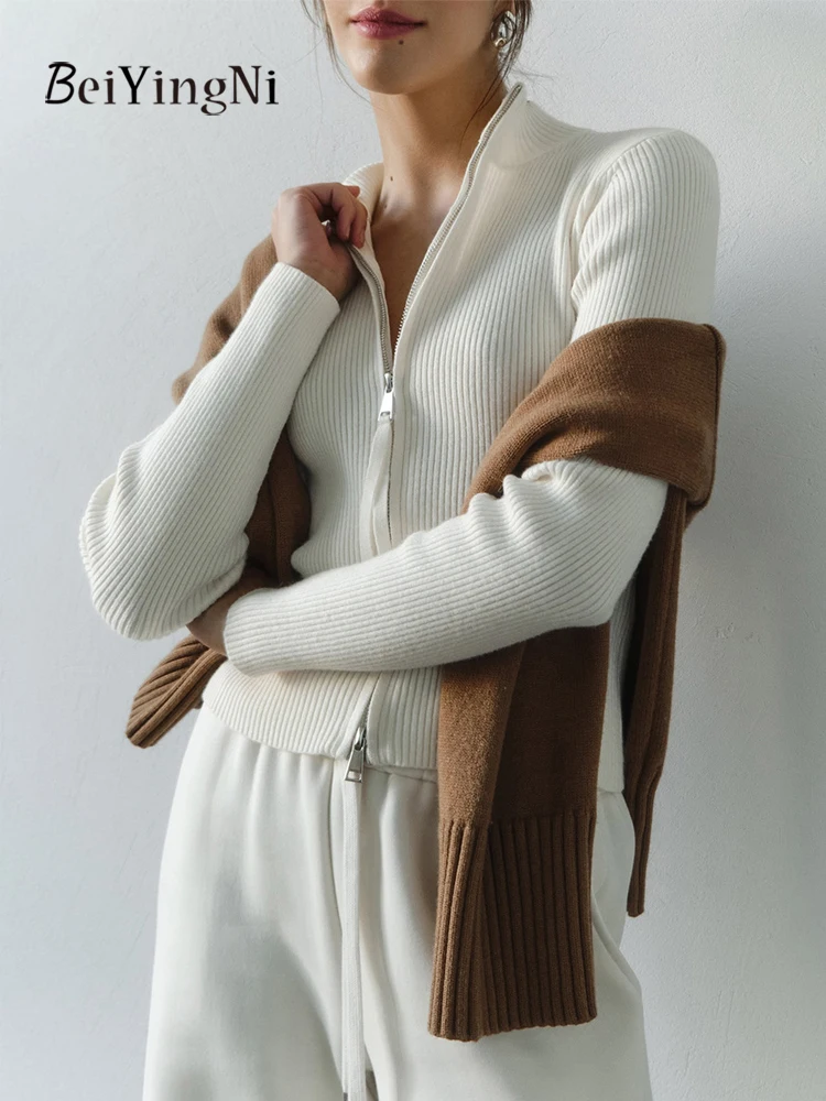 

Beiyingni Stand-up Collar White Cardigan Female 2025 Autumn Winter New Fashion Slim Black Women Sweaters Zipper Casual Cardigans