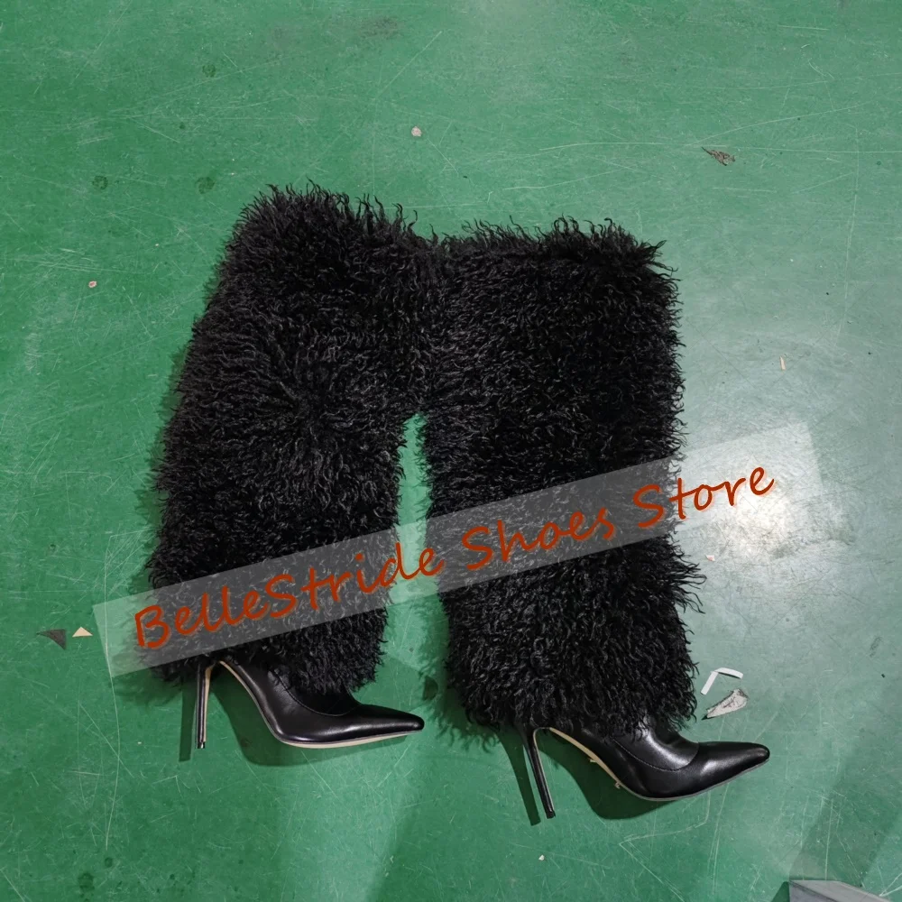 

Black Fur Decor Pointed Toe Boots Matte Leather Women Shoes Stilettos High Heels Party Banquet Dating 2025 Zapatos Para Mujere