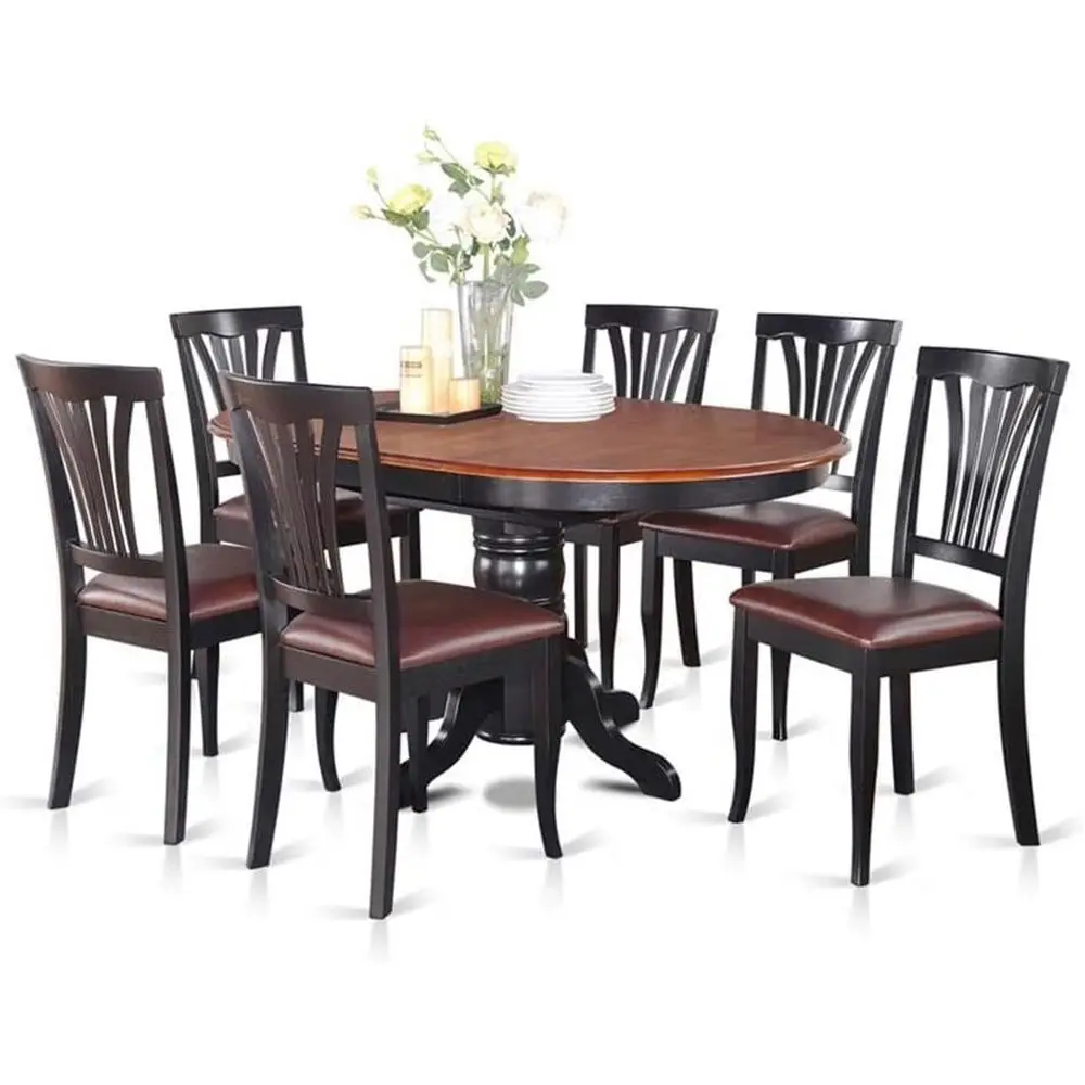 

Oval 7-Piece Dining Set with Leather Chairs, 42x60 Inch, Black & Cherry