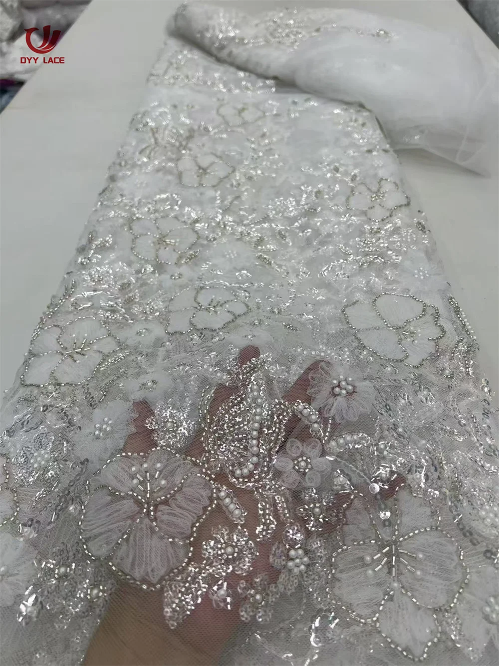 

Luxury 3D Flowers African Groom Lace Fabric French Tulle Lace Fabrics 5 Yards Nigerian Sequins Fabric for Party Dress