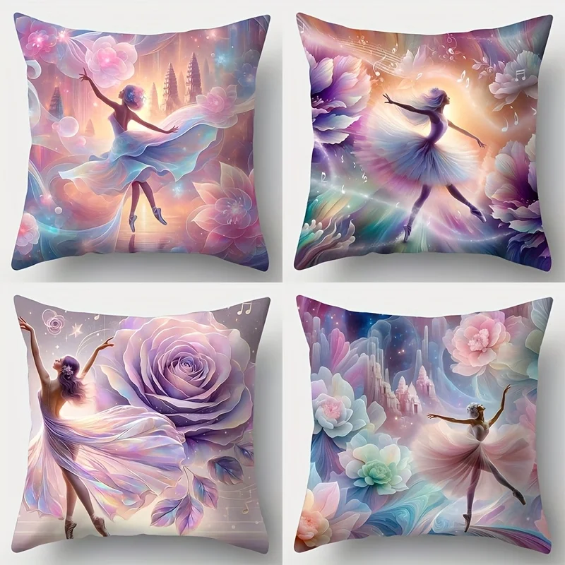 Young girl dancing with floral pattern printing pillow cover Short plush Suitable living room bedrooms sofas throw cushion cover