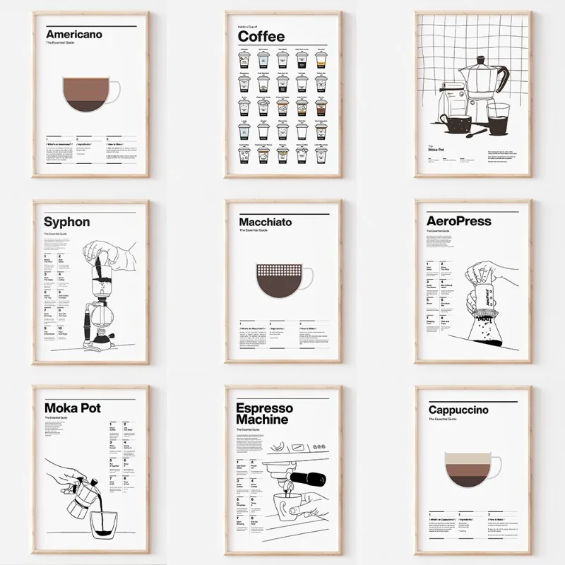 Minimalist Line Espresso Coffee Maker Brewing Menu Posters and Prints Canvas Printing Wall Art Picture for Kitchen Cafe Decor