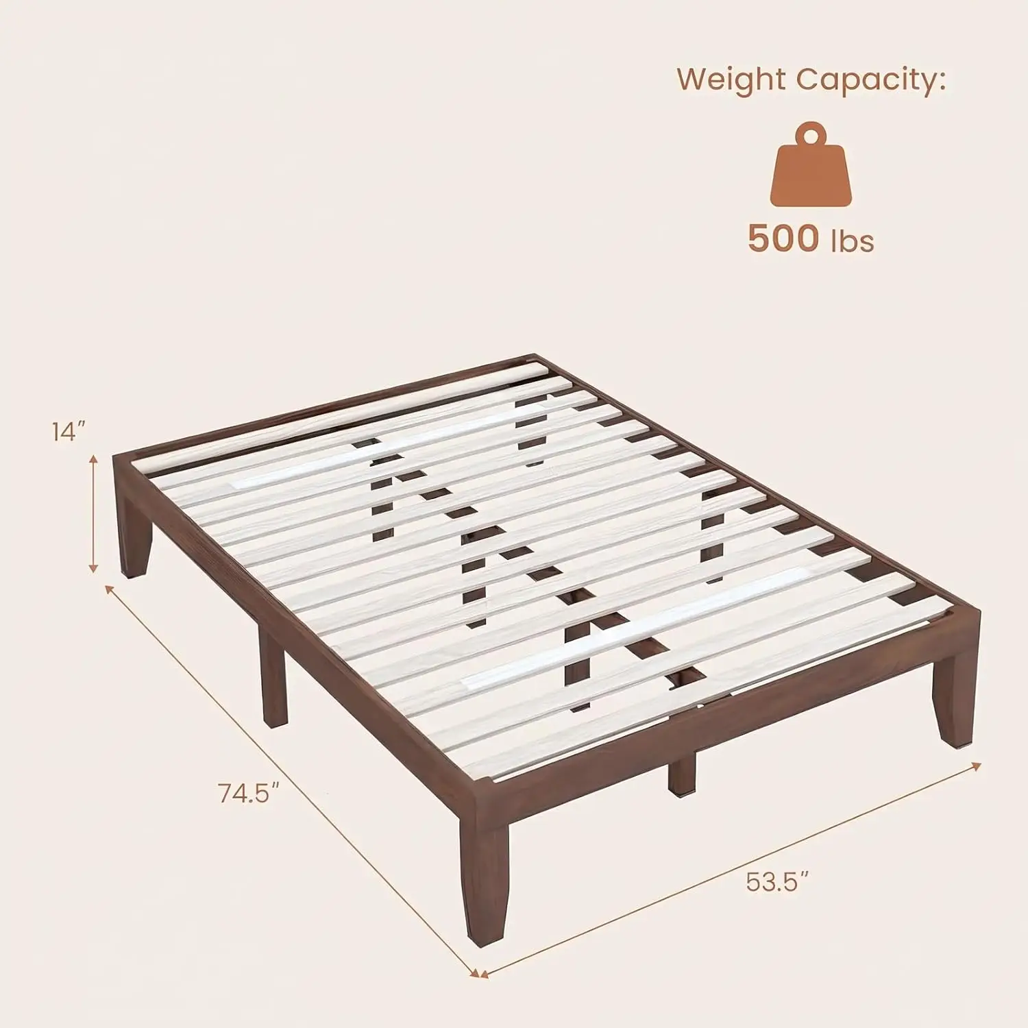 Full Wood Platform Bed Frame 14 Poplar Slats No Box Spring Easy Assembly Under-Bed Storage Noise Free 500 lbs, Customized