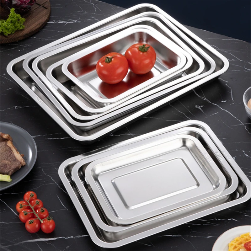 Rectangular Food Shallow Trays Stainless Steel Barbecue Fruit Storage Plate Steamed Dish Pastry Baking Pan Kitchen Utensils