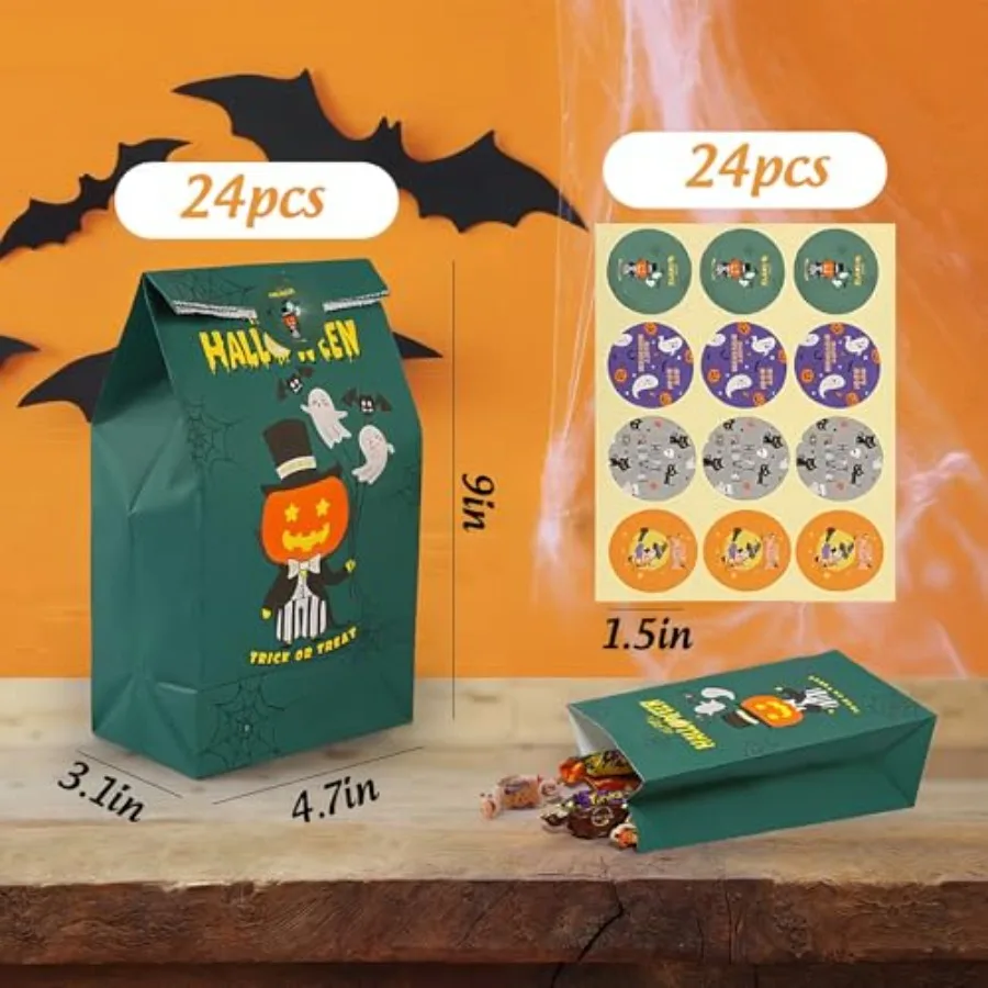 Paquet de 24 sacs à cadeaux d'Halloween, 4 styles de sacs à friandises avec échange Sti Party Favo pour fournitures d'Halloween en classe 4,7" x 3,1" x 9
