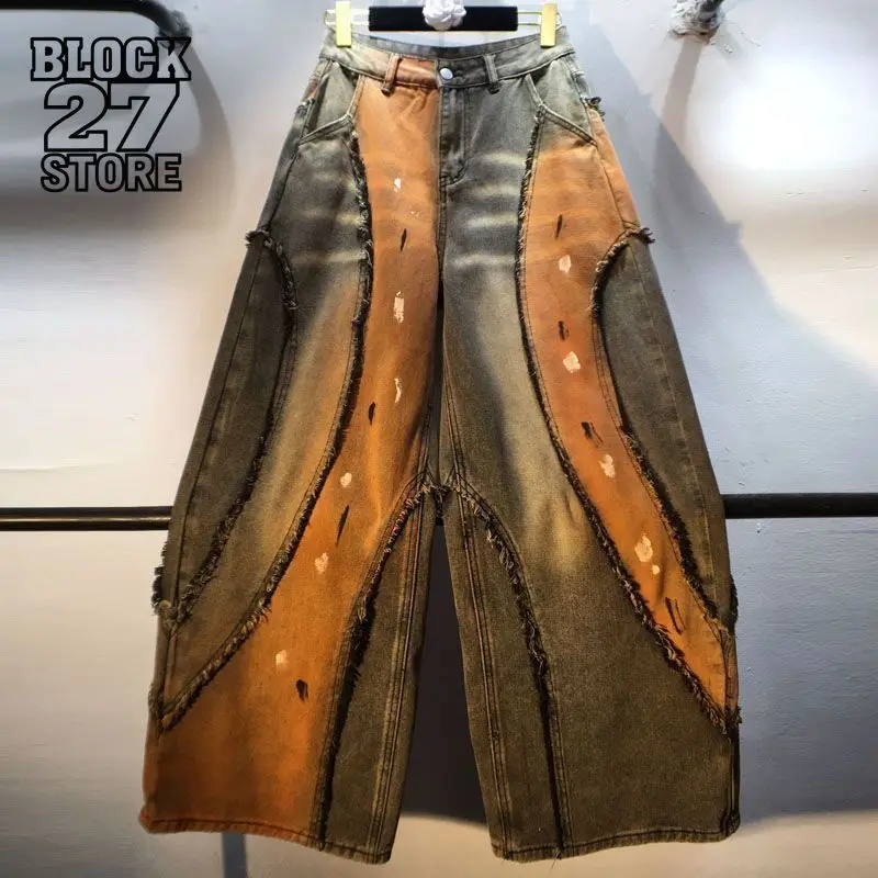 

Мужские джинсы Harajuku Y2K Уличная одежда Ретро Джинсовые брюки с бахромой и высокой талией Сверхмощные широкие брюки Винтажная модная тенденция