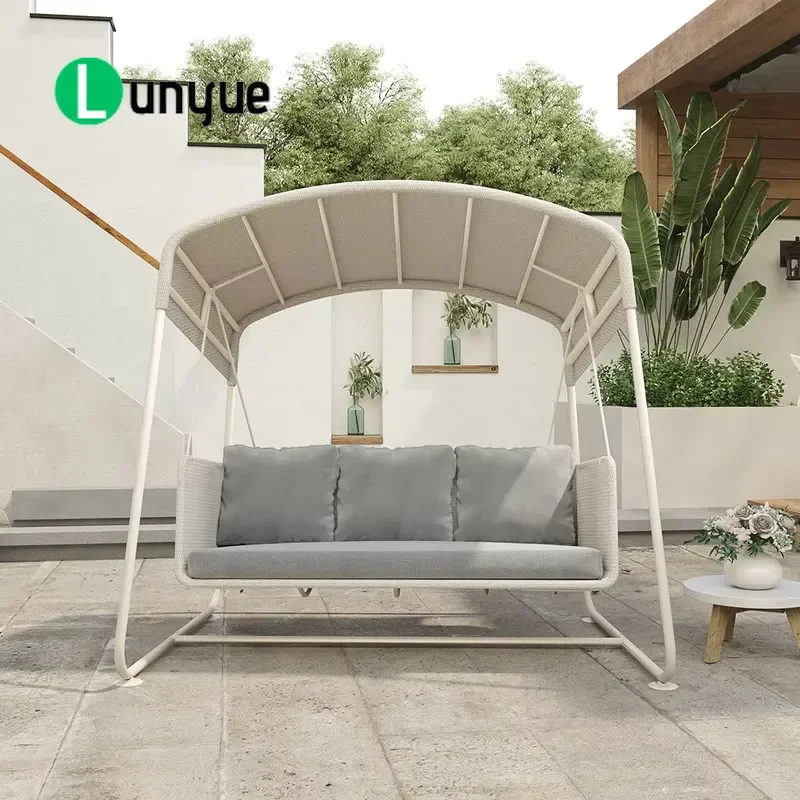 2-3 Seater Patio Swing Aluminum PE Wicker Chair with Canopy and Stand All Weather Comfort for Outdoor Patios Gardens