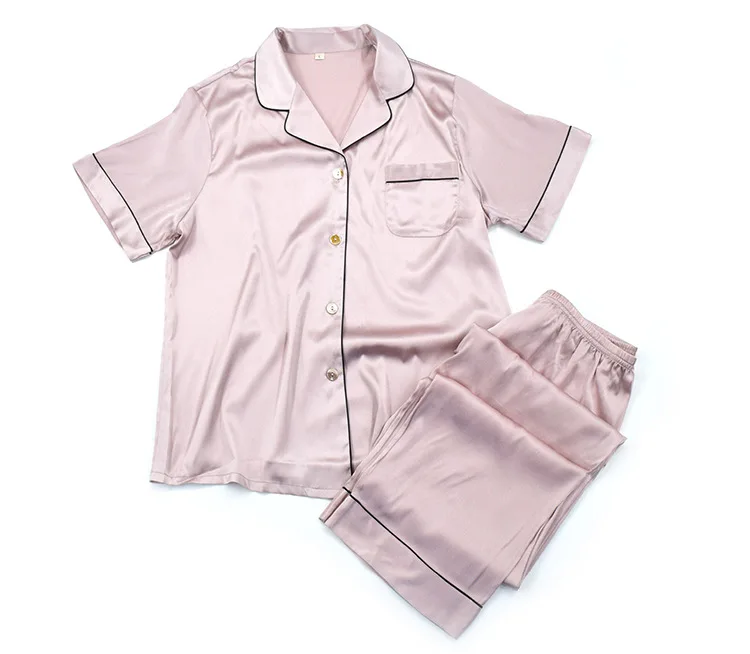 Women's Short Sleeve Classic Satin Pajama Set Button-Down Ladies Pajamas Sets Solid Luxury Two Pieces Sleepwear