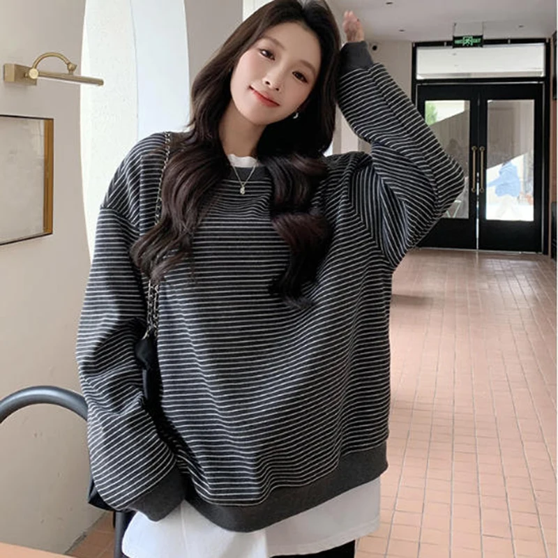 

Корейские винтажные полосатые пуловеры с круглым вырезом, женские осенне-зимние рубашки большого размера с длинными рукавами, свободные повседневные топы для внутренней одежды