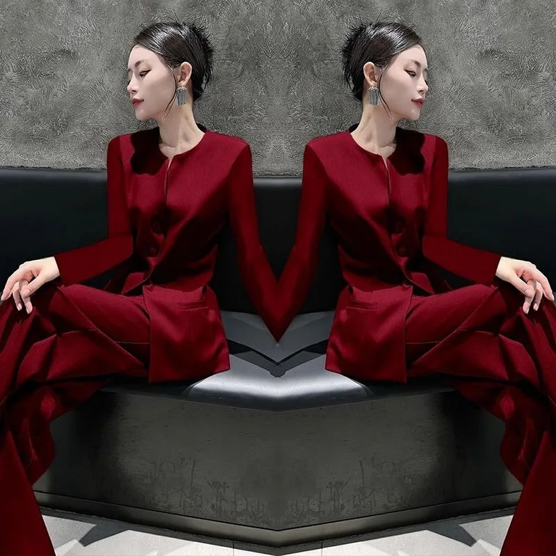 

Новый элитный модный осенний комплект из двух предметов, женский элегантный тонкий пиджак с круглым вырезом и длинными рукавами, пальто + широкие брюки, женский костюм