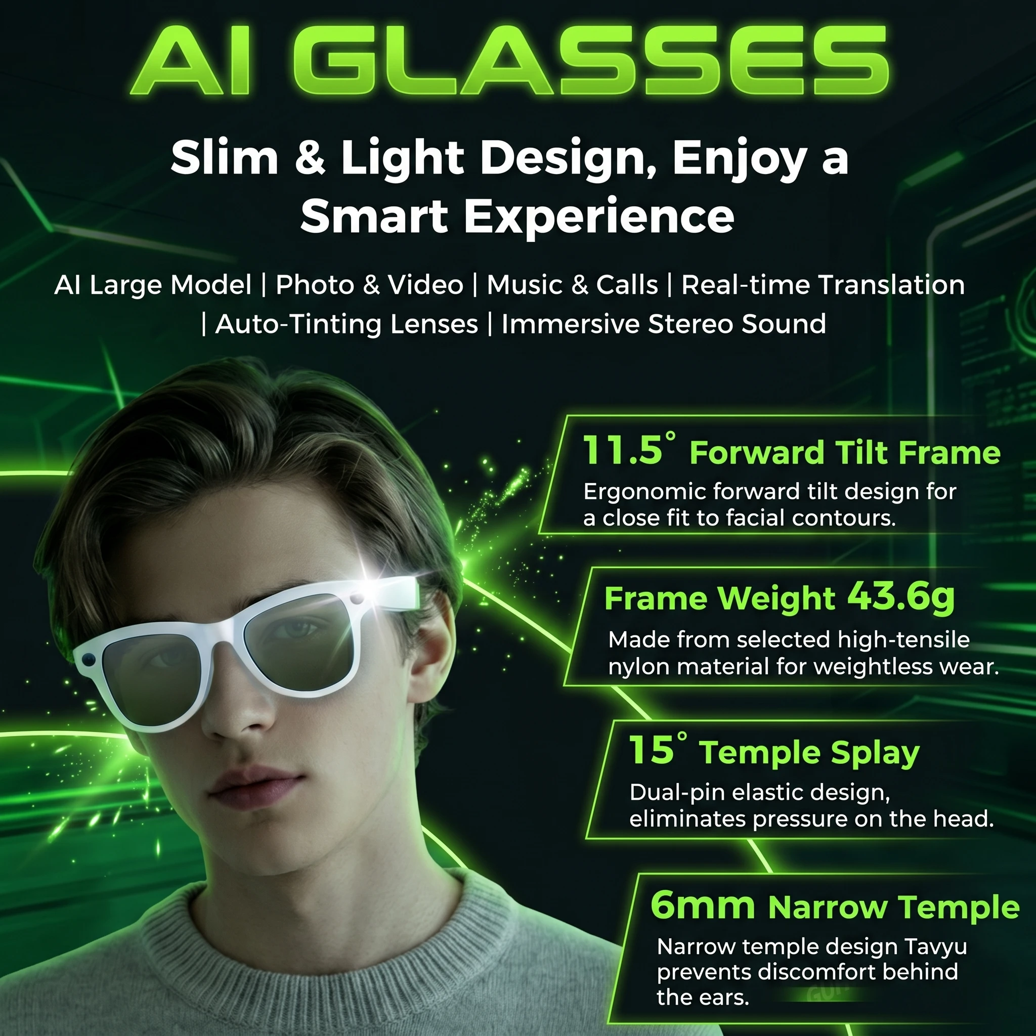 2026 AI Smart Glasses 1080P HD Camera Video Recorder Voice Translation Wireless Audio WiFi Sync Touch Eyewear for Travel Men Use