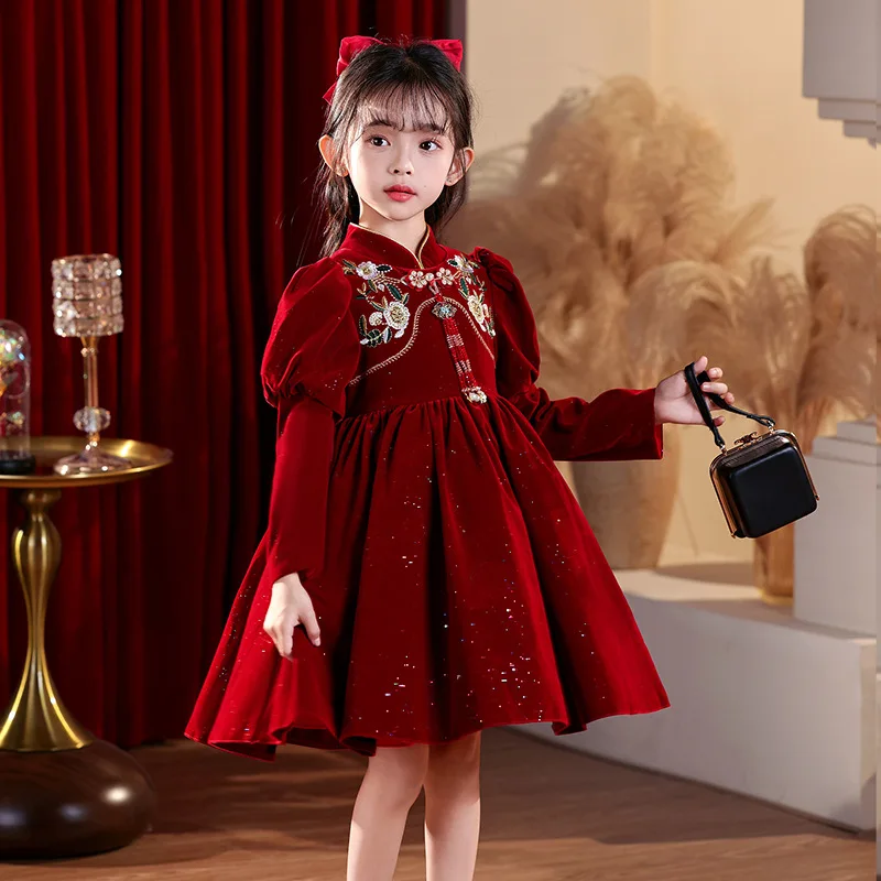 Girls\' Autumn and Winter New Festive Turtleneck New Year Clothes New Chinese Princess Dress