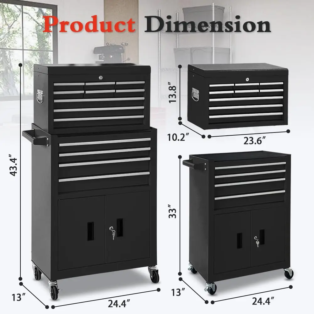 13-Drawer Rolling Tool Chest with Double Door Handle, 2-in-1 Detachable Metal Storage Cabinet with Wheels and Lock
