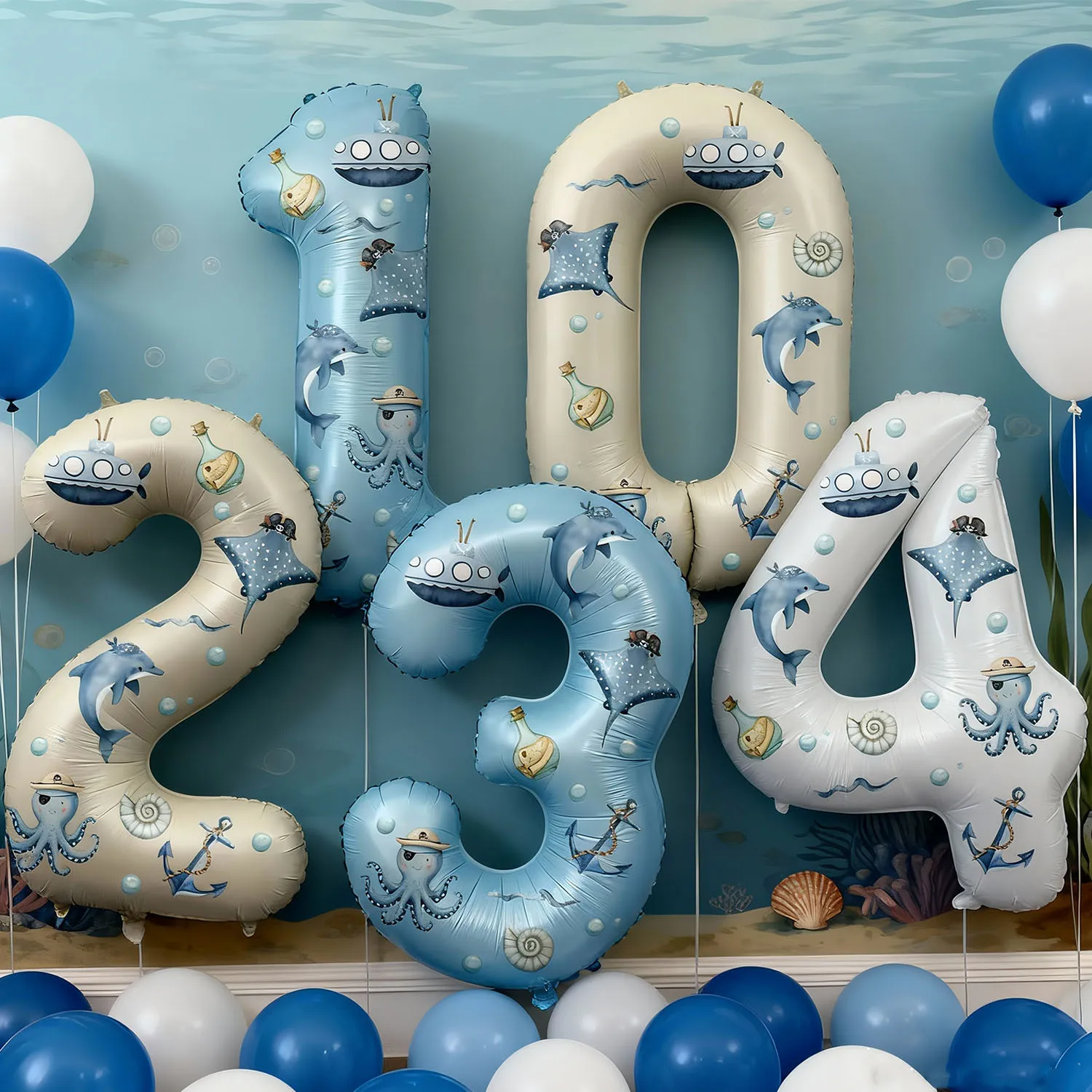 32-inch cream white digital balloon with ocean animal stickers, suitable for birthday party decorations, weddings, adult events,