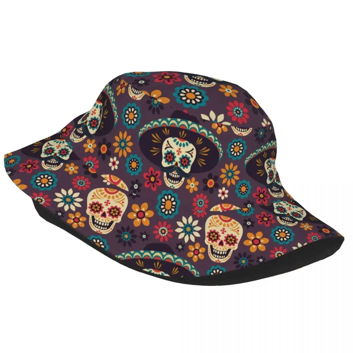 Travel Headwear Sugar Skull Floral Merch Bucket Hat Trendy Sun Hat Day of the Dead Halloween Ispoti Cap Lightweight Fishing Hat