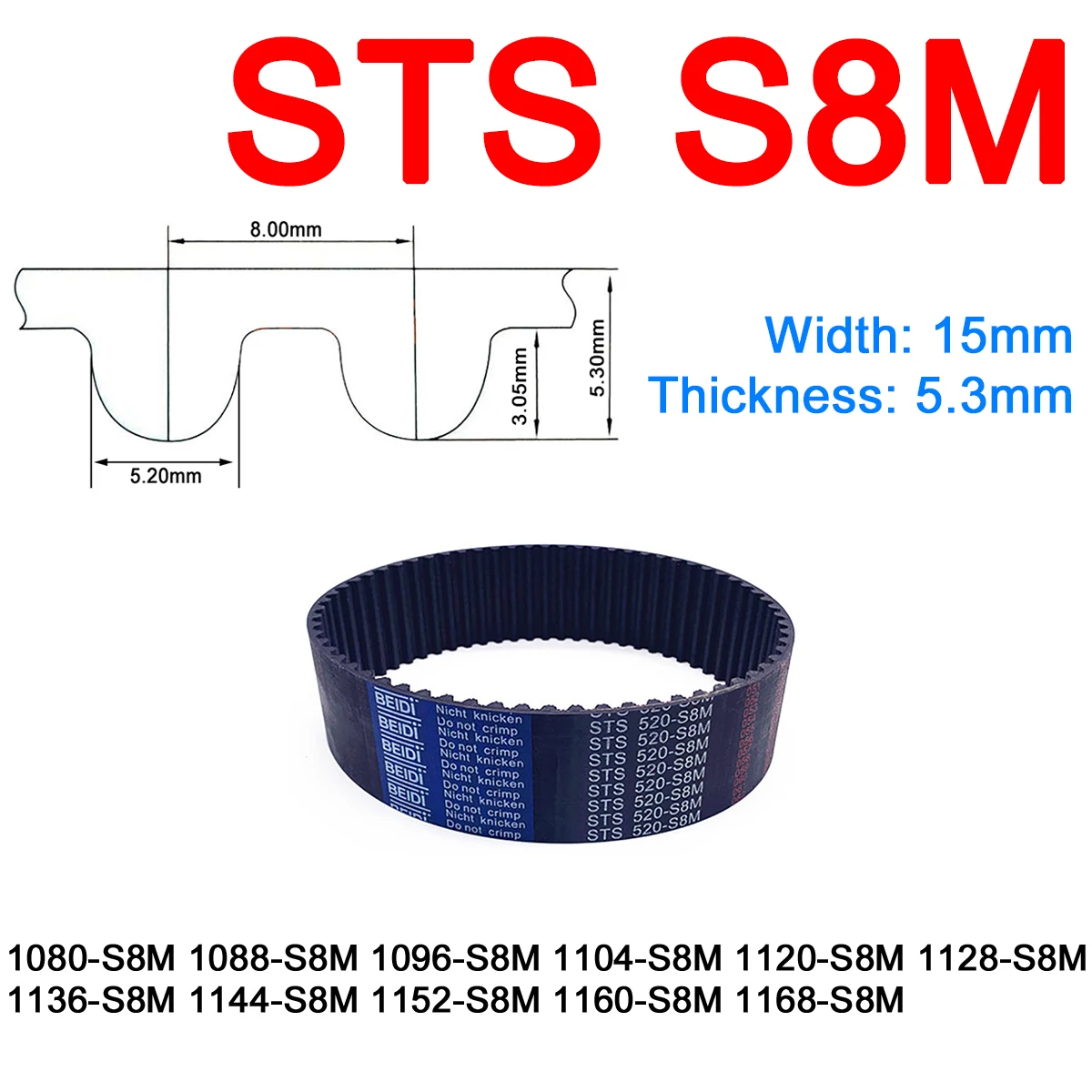 

1Pc Width 15mm S8M Rubber Arc Tooth Timing Belt Pitch Length 1080 1088 1096 1104 1120 1128 1136 1144 1152 1160 1168mm Drive Belt