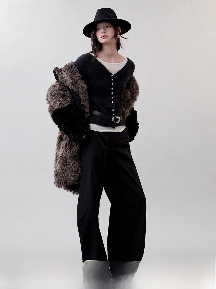 

Genetic New Season ell Button Knitted Cardigan Women's Faion Layerable Outerwear Nylon Fabric Rabbit Fur Elastic Fiber