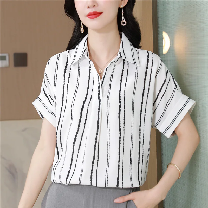 Satin Short Sleeved Shirt for Women Summer New Commuting Professional OL Blouse Temperament Mulberry Silk Striped Ladies Tops