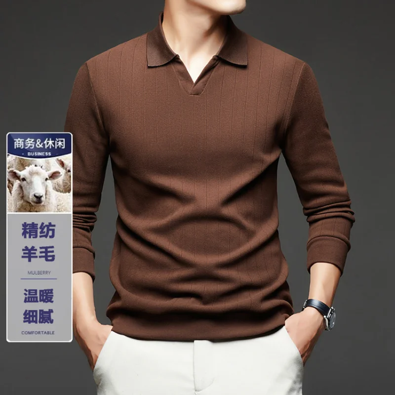 

Мужская футболка с длинными рукавами, однотонный вязаный свитер на осень и зиму, футболка с отложным воротником в сочетании свитерами