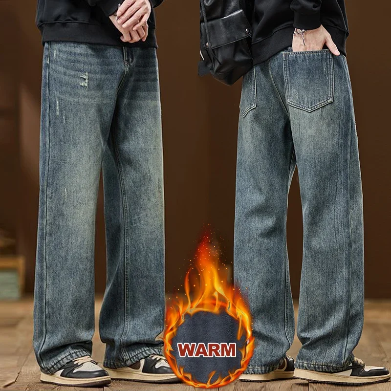 Retro Men's Winter Fleece Jeans, Warm Straight Leg Washed Cotton Denim, Daily Street Wear, Fashionable Pants