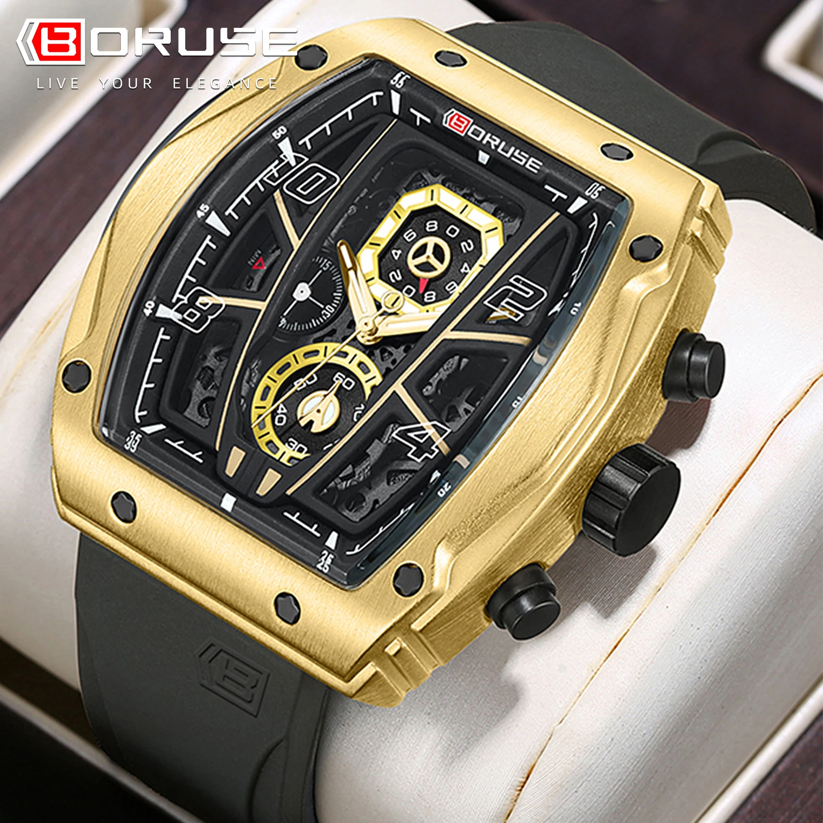 

BORUSE New Arrival Men's Luxury Calendar Quartz Watch Men Chronos Watches Relogio Masculino Rubber Silicone Black