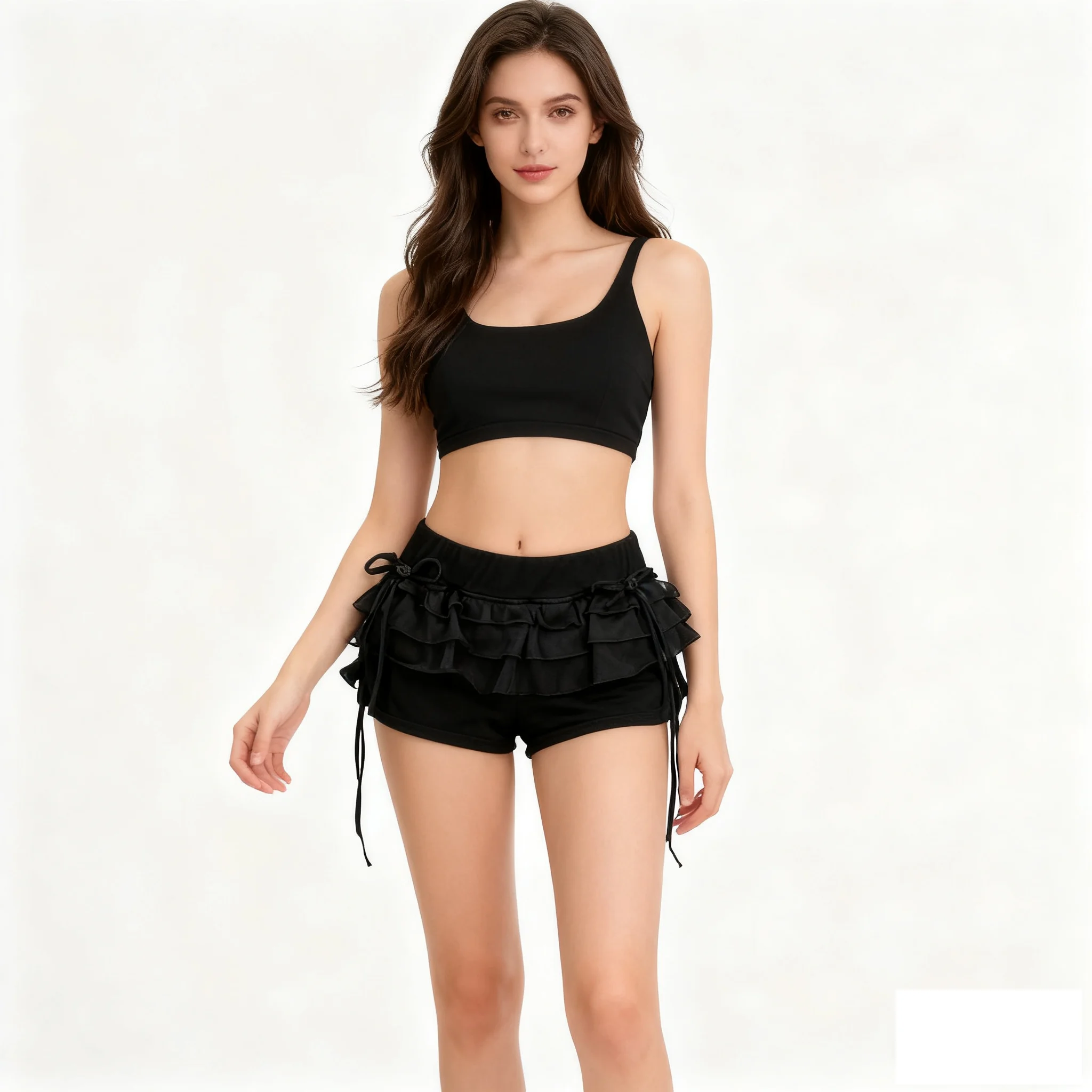 Summer new lotus leaf lace solid color slimming women flower bud bow elastic band cake sweet floral skirt pants women Y2K emo