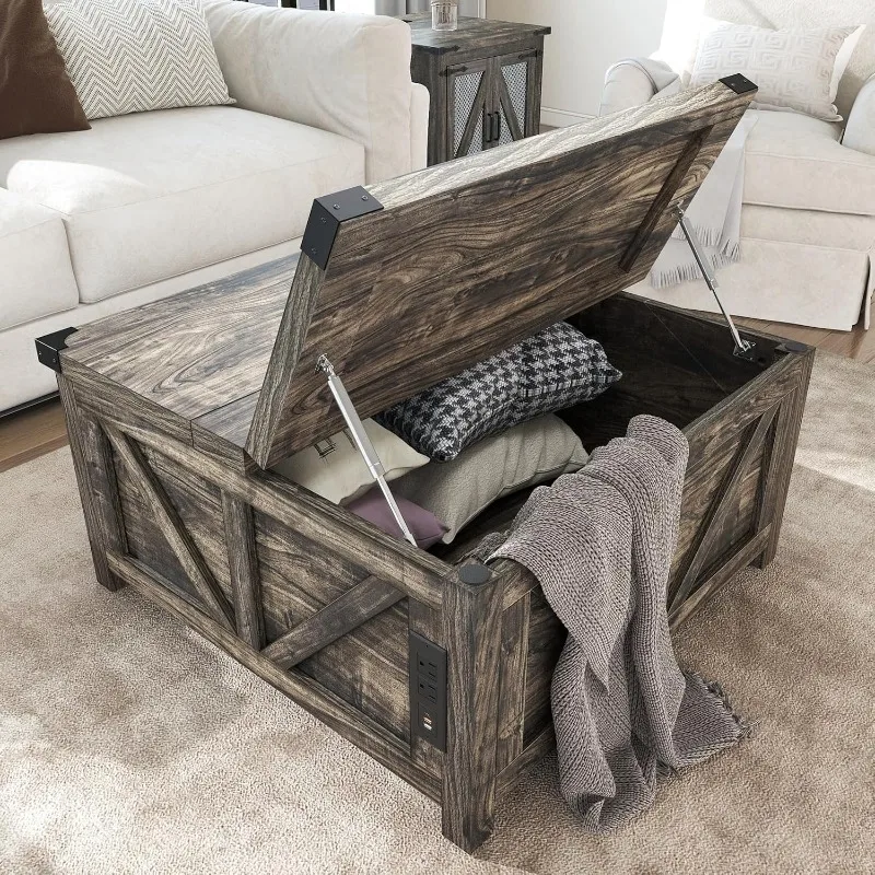 Farmhouse Lift Top Coffee Table with Storage, Wood Square Center Table with Charging Station&USB Ports