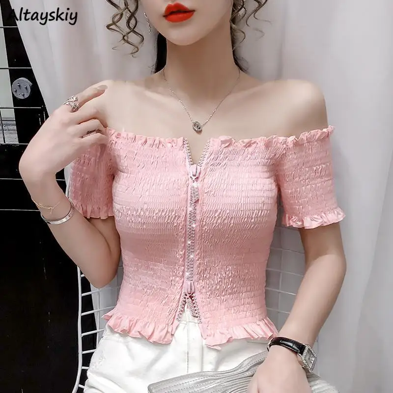 Shirts Women Sexy Sweet New Design Young Ulzzang Folds Mature Slim Summer Chemise Femme Trendy All-match Gentle Off-shoulder Ins