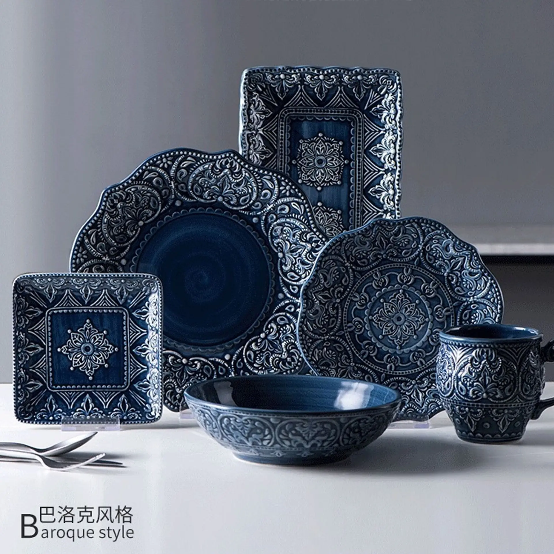 

Nordic style ceramic set, household ceramic relief plates, bowls, underglaze color tableware wholesale