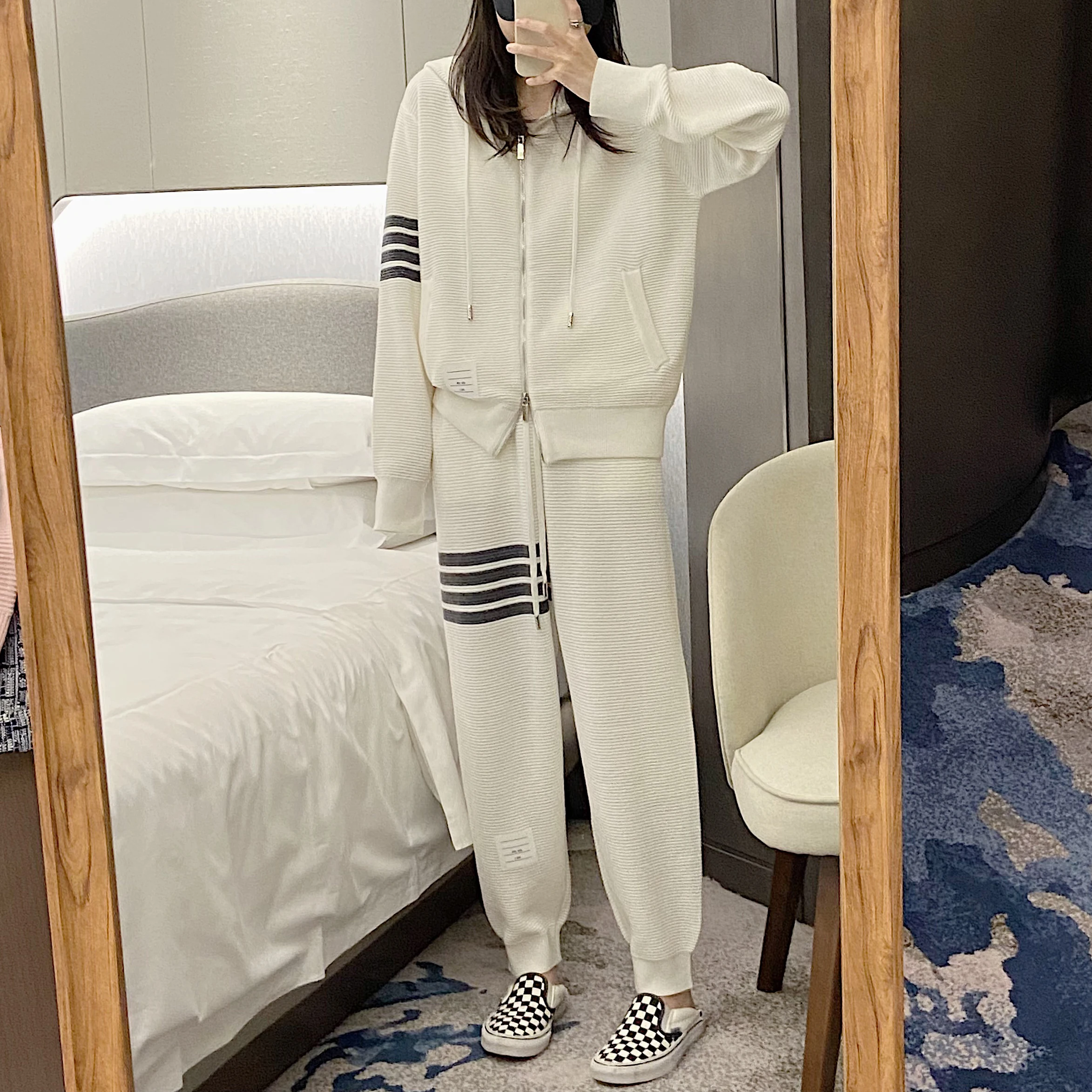 women's-knitted-woolen-set-spring-autumn-horizontal-stripes-hooded-zipper-cardigan-jaet-cuffed-pants-two-piece-suit