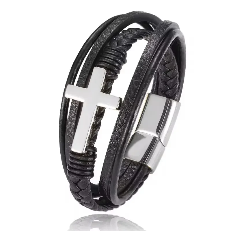 Classic Single Layer Black Hand Braided Leather Bracelet with Metal Magnetic Closure Men\\\'s Business Jewelry