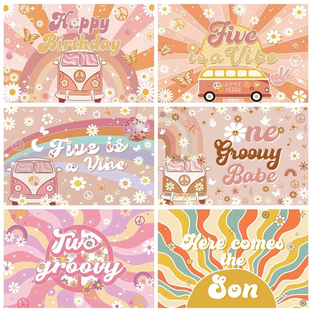 

Groovy One Baby Birthday Backdrop for Photography Boho Rainbow Daisy Flowers Girl 1st Birthday Party Background Photo Studio