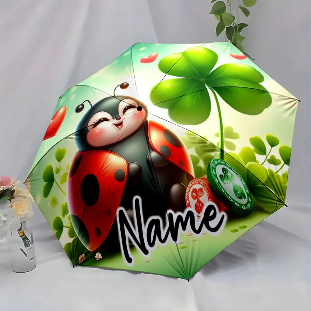 Custom Name  Adorable ladybug and clover-themed umbrella design Print 8 Iron Ribs Folding Umbrella Auto-Open Fashion Sunshade