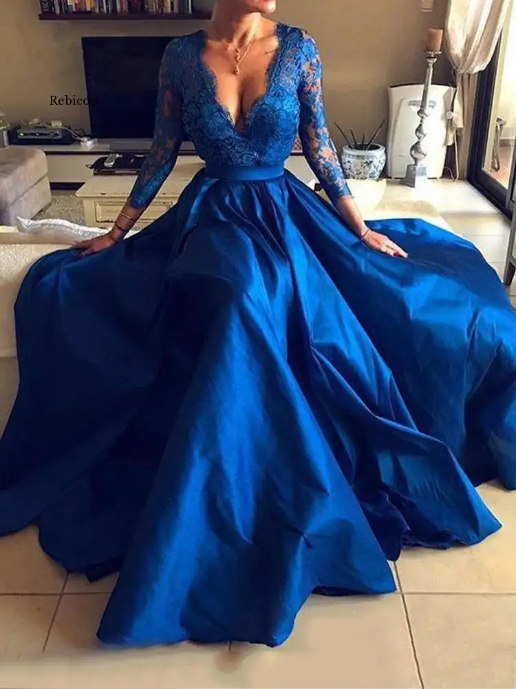 Wedding Bride Prom Dress V Neck Royal Blue Long Sleeves Lace Satin Evening Party Elegant cocktail Ball Gown