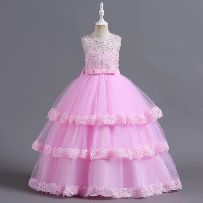 

Teenage Children White Princess Dresses Multi-layer Flowers Party Ball Gown 6 To 14 Years Girls Piano Performance Evening Dress