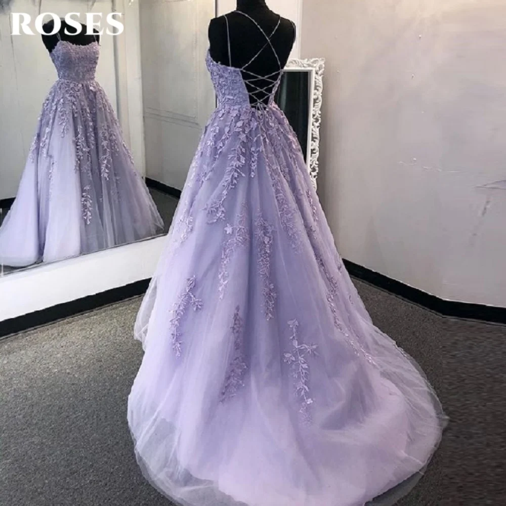 

ROSES Lilac Elegant Prom Dress Lace Applique Corset Prom Gowns Backless Spaghetti Straps A-Line Formal Gown for Woman Customized