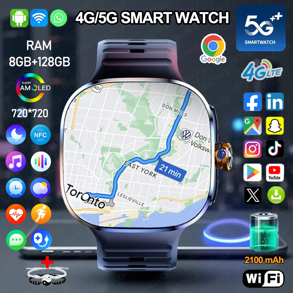 Reloj inteligente 5G/4G totalmente en red, batería AMOLED de 2,40 pulgadas, 2100mah, 8GB + 128GB de RAM, cámara de 900W, aplicación de Google, descarga, WIFI, GPS