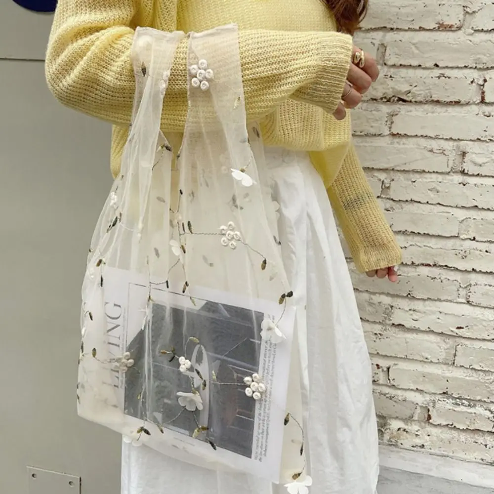 Flower Transparent Handbag Reusable Large Capacity Cloth Shopping Bag Mesh Storage Bag Embroidery Bag Streetwear